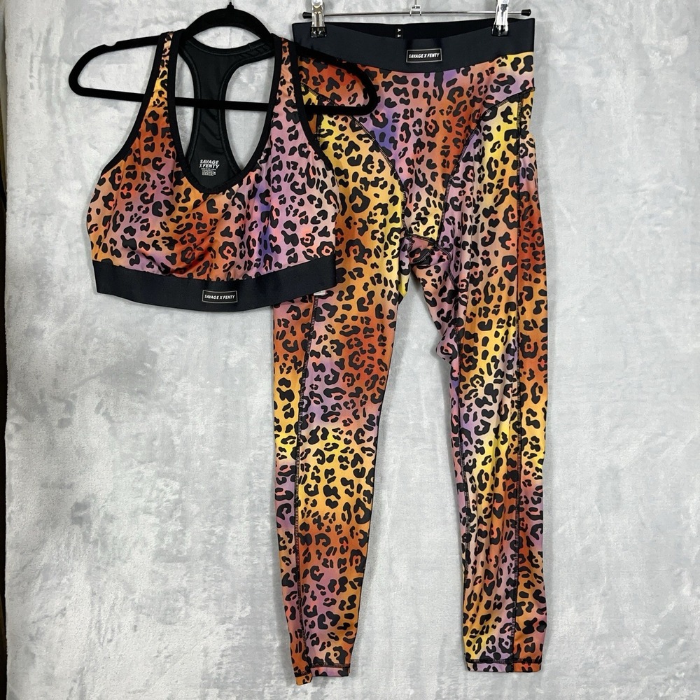 Savage X Fenty 2 Piece Leopard Print Leggings/Sports Bra 2X Gym Yoga Running
